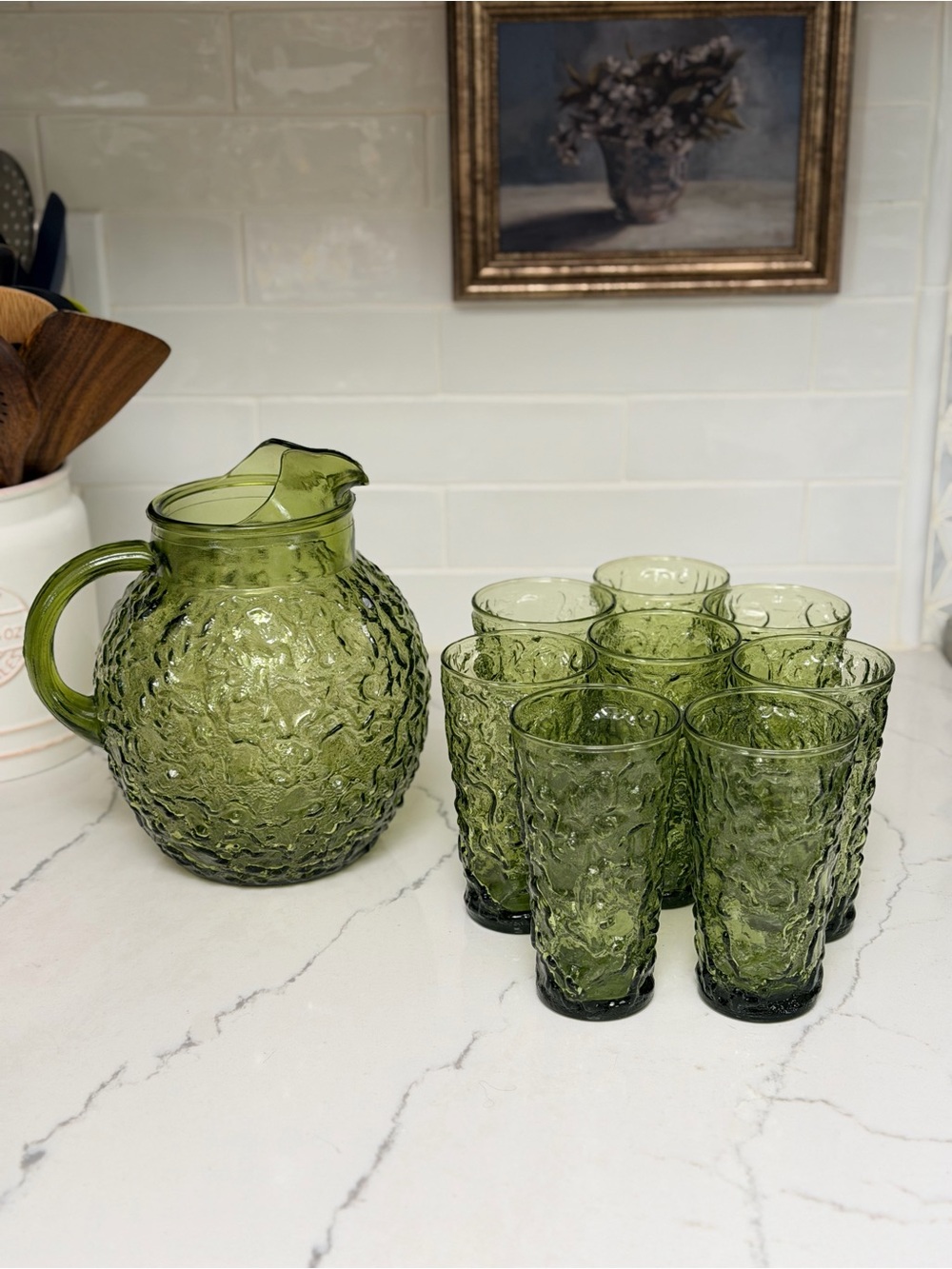 Anchor hocking lido Milano Green Textured Glass Pitcher and 8-Piece Tumbler Set